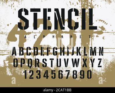 Stencil sans serif font. Schablone-Platte Alphabet im militärischen Stil auf grunge Hintergrund. Vektoren Stock Vektor