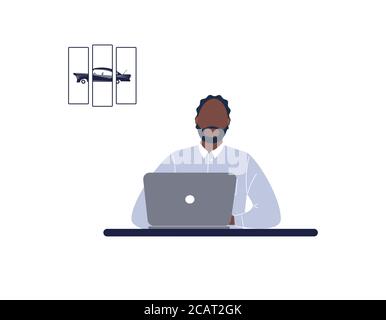 Afroamerikanische Mann Tutor Arbeit auf Laptop.Remote-Arbeit, Fernunterricht oder Online-Training während der Virus-Epidemie.Guy Trainer oder Trainer Stock Vektor