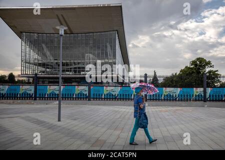 Moskau, Russland. 8. August 2020 Blick auf den Moskauer Pavillon (früher Pavillon von 70) auf VDNKh in Moskau. Es wurde für die Sowjetunion auf der internationalen Ausstellung Expo 67 entworfen Stockfoto