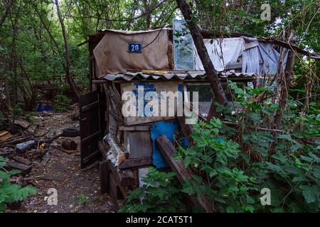 Obdachlose Dweling. Kleine Wohnstätte aus Müll in schmutzigem, übersätem Wald Stockfoto