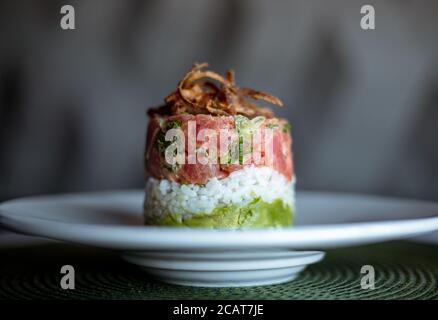 Teller mit leckeren Lachs, Reis und Avocado Tartare Stockfoto