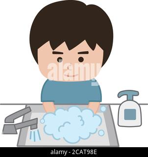 Junge Hände mit Reinigungshanddesinfektionsmittel. Isoliert auf weißem Hintergrund. Stock Vektor