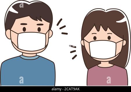 Sprechende Paar trägt medizinische Gesichtsmasken. Vektorgrafik isoliert auf weißem Hintergrund. Stock Vektor