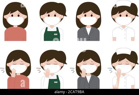 Gruppe von Frauen, die Masken tragen, um Corona-Virus oder covid-19 oder eine andere Art von Virus zu verhindern. Vektorgrafik isoliert auf weißem Hintergrund. Stock Vektor