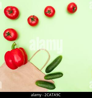 Braune Papiertüte mit Bauernhof frische Bio-Tomaten, Gurken und roten Pfeffer auf grünem Hintergrund. Lieferung Dienstleistungen Konzept. Copy space. Lebensmitteleinkauf Stockfoto