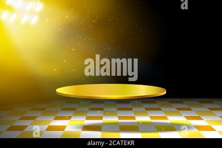 goldene Vitrine mit goldenem Licht auf der Bühne Stock Vektor