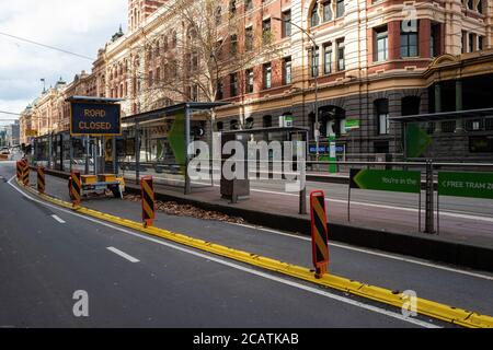 Melbourne, Victoria, Australien. August 2020. Melbourne CBD verlassene am tödlichsten Tag von Victoria Sonntag, 9. August 2020 während der COVID-19 Stage 4 Lockdown, als Premiere Daniel Andrews 17 Todesfälle durch das Virus ankündigt. Kredit: Joshua Preston/Alamy Live Nachrichten Stockfoto