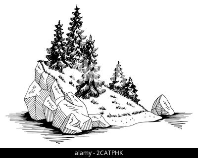 Insel Grafik schwarz weiß Landschaft Skizze Illustration Vektor Stock Vektor