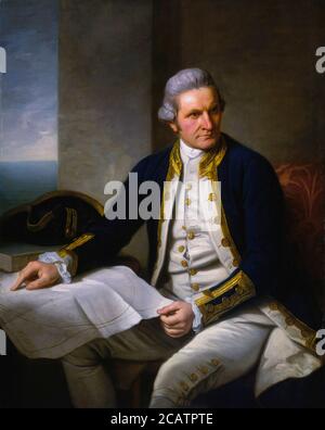 Porträt von Captain James Cook von Sir Nathaniel Dance-Holland, Öl auf Leinwand, c. 1775, National Maritime Museum, Greenwich. Kapitän James Cook FRS (7. November 1728 – 14. Februar 1779) war ein britischer Entdecker, Navigator, Kartograph und Kapitän in der britischen Royal Navy. Stockfoto