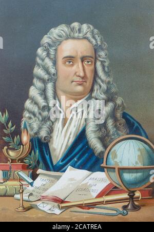 Porträt von Sir Isaac Newton PRS (25. Dezember 1642 – 20. März 1726) war ein englischer Mathematiker, Physiker, Astronom, Theologe und Autor aus dem Buch La ciencia y sus hombres : vidas de los sabios ilustres desde la antigüedad hasta el siglo XIX T. 3 [Wissenschaft und ihre Männer: Leben der berühmten Weisen von der Antike bis zum 19. Jahrhundert Band 3] von Figuier, Louis, (1819-1894); Casabó y Pagés, Pelegrín, n. 1831 Veröffentlicht in Barcelona von D. Jaime Seix, Herausgeber , 1879 (Imprenta de Baseda y Giró) Stockfoto