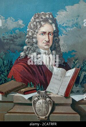 Gottfried Wilhelm (von) Leibniz (Leibnitz) (1. Juli 1646 – 14. November 1716) war ein prominenter deutscher Universalgelehrter und einer der wichtigsten Logiker, Mathematiker und Naturphilosophen der Aufklärung. Aus dem Buch La ciencia y sus hombres : vidas de los sabios ilustres desde la antigüedad hasta el siglo XIX T. 3 [Wissenschaft und ihre Männer: Leben der berühmten Weisen von der Antike bis zum 19. Jahrhundert Vol 3] von Figuier, Louis, (1819-1894); Casabó y Pagés, Pelegrín, n. 1831 Veröffentlicht in Barcelona von D. Jaime Seix, Herausgeber , 1879 (Imprenta de Baseda y Giró) Stockfoto