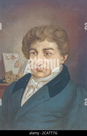 Jean Leopold Nicolas Frederic, Baron Cuvier [Cubier] (23. August 1769 – 13. Mai 1832), bekannt als Georges Cuvier, war ein französischer Naturforscher und Zoologe, Cuvier war eine wichtige Figur in der naturwissenschaftlichen Forschung im frühen 19. Jahrhundert und war maßgeblich an der Etablierung der Bereiche der vergleichenden Anatomie und Paläontologie durch seine Arbeit im Vergleich von lebenden Tieren mit Fossilien. Er ist auch bekannt für seine Ideen über die vermeintlichen wissenschaftlichen Unterschiede zwischen Rassen und für seinen Missbrauch von Sarah Baartman als Teil dieser "Arbeit". Aus dem Buch La ciencia y sus hombres : vidas de los sabios ilustres desde Stockfoto