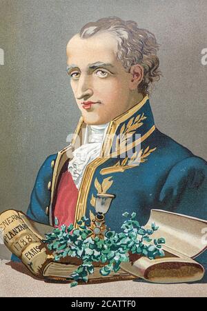 Antoine Laurent de Jussieu [Lorenzo de Jussieu] (12. April 1748 – 17. September 1836) war ein französischer Botaniker, der als erster eine natürliche Klassifizierung von blühenden Pflanzen veröffentlichte; ein Großteil seines Systems wird heute noch verwendet. Seine Klassifizierung basierte auf einem ausgedehnten unveröffentlichten Werk seines Onkels, des Botanikers Bernard de Jussieu. Aus dem Buch La ciencia y sus hombres : vidas de los sabios ilustres desde la antigüedad hasta el siglo XIX T. 3 [Wissenschaft und ihre Männer: Leben der berühmten Weisen von der Antike bis zum 19. Jahrhundert Vol 3] von Figuier, Louis, (1819-1894); Casabó y Pagés, Peleg Stockfoto