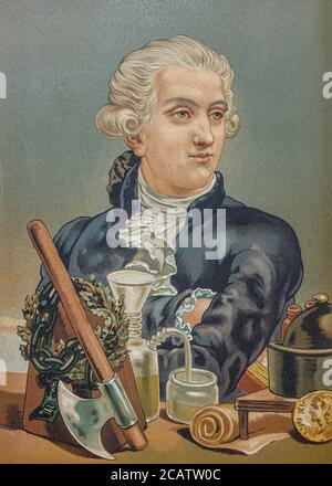 Antoine-Laurent de Lavoisier (26. August 1743 – 8. Mai 1794), ebenfalls Antoine Lavoisier nach der Französischen Revolution, war ein französischer Adliger und Chemiker, der von zentraler Bedeutung für die chemische Revolution des 18. Jahrhunderts war und einen großen Einfluss sowohl auf die Geschichte der Chemie als auch auf die Geschichte der Biologie hatte. Er gilt in der populären Literatur als der "Vater der modernen Chemie". Aus dem Buch La ciencia y sus hombres : vidas de los sabios ilustres desde la antigüedad hasta el siglo XIX T. 3 von Figuier, Stockfoto