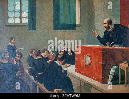 Melchor Cano Erklärung an der Universität von Salamanca [Melchor Cano esplicando en la Universidad de Salamanca] Melchor Cano (1509? – 30. September 1560) war ein spanischer Gelehrter Theologe. Aus dem Buch La ciencia y sus hombres : vidas de los sabios ilustres desde la antigüedad hasta el siglo XIX T. 3 [Wissenschaft und ihre Männer: Leben der berühmten Weisen von der Antike bis zum 19. Jahrhundert Vol 3] von Figuier, Louis, (1819-1894); Casabó y Pagés, Pelegrín, n. 1831 Veröffentlicht in Barcelona von D. Jaime Seix, Herausgeber , 1879 (Imprenta de Baseda y Giró) Stockfoto