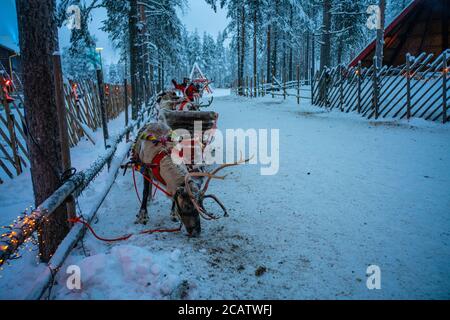 Der Rentierschlitten im Weihnachtsdorf in Lappland, Finnland. Stockfoto