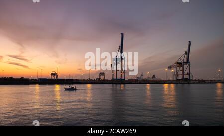 Containerterminal im Hafen von Zeebrugge bei Sonnenuntergang. Blick von der Aussichtsplattform in der Nähe des Denkmals 'Visserskruis'. Stockfoto