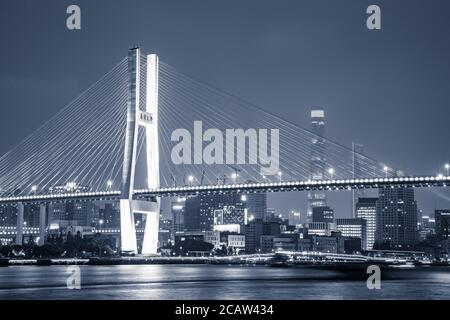 Nachtansicht der Nanpu-Brücke, am Huangpu-Fluss, in Shanghai, China. Stockfoto