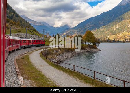 Schöner Blick auf den roten Rhätischen Zug, der im Herbst auf der Seeseite des Lago di Poschiavo mit blauer Himmelswolke fährt, auf der Sightseeing-Bahnlinie Bernin Stockfoto