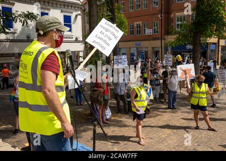 Oxford, Großbritannien. August 2020. NHS-Arbeiter und -Unterstützer nahmen an einer Kundgebung auf dem Bonner Platz in Oxford Teil, in der sie für Lohngerechtigkeit für alle NHS-Arbeiter aufriefen und protestierten, eine Lohnerhöhung zu fordern, um ihre Bemühungen während der covid Pandemie widerzuspiegeln.Dies war eine von etwa 38 ähnlichen Kundgebungen in ganz Großbritannien. Die Protestierenden behielten soziale Distanzierung aufrecht und trugen Masken. Während sie den Rednern zuhörten, hielten viele Plakate, die ihre Beschwerden und wie sie sich unterschätzt fühlten, hervorhoben. Im Bild spricht der Sprecher die Kundgebung. Quelle: Stephen Bell/Alamy Stockfoto