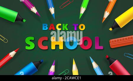 Back to School - Kreidetafel mit Bleistiften und Markierern. Vektor Stock Vektor