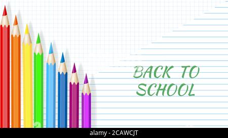 Back to School - Übungsheft mit Buntstiften. Vektor Stock Vektor