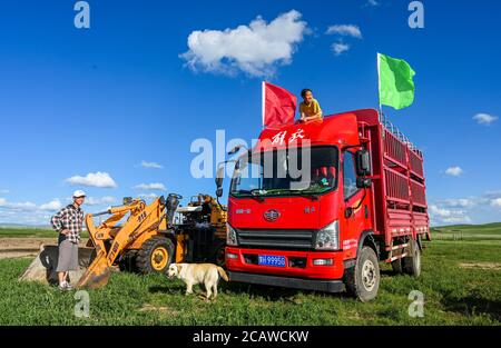 (200809) -- XILIN Gol, 9. August 2020 (Xinhua) -- Xilinhua (R) verbringt Zeit mit ihrer Freundin Baoyintu auf dem Baiyinxile Grasland in Xilinhot, der Autonomen Region Innere Mongolei im Norden Chinas, 4. August 2020. Der Sommer war Xilinhuas Lieblingszeit des Jahres. Um die Mittelschule zu besuchen, lebt die 14-Jährige die meiste Zeit mit ihren Großeltern in der Innenstadt von Xilinhot, getrennt von ihren Eltern, die eine Ranch auf der Baiyinxile Alm betreiben. Deshalb bedeutet Sommer sowohl Entspannung als auch Wiedervereinigung zum Siebtklässler. Xilinhuas Vater Gangsuhe ist ein berühmter Reiter. Von ihm lernen, XIL Stockfoto