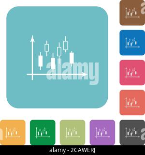 Candlestick Diagramm mit Achsen weißen flachen Symbolen auf Farbe abgerundeten quadratischen Hintergründen Stock Vektor