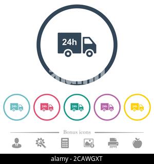 24-Stunden-Lieferung LKW flache Farbe Symbole in runden Umrissen. 6 Bonus-Symbole enthalten. Stock Vektor