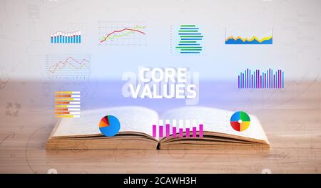 Offenes Buch mit GRUNDWERTEN, neues Geschäftskonzept Stockfoto