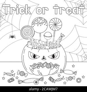 Trick or Treat Malseite. Halloween Malvorlagen für Kinder. Cartoon Kinder in Halloween Kostümen. Nette Spinne. vektor-Illustration Stock Vektor