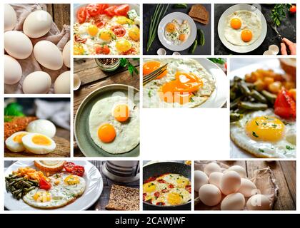 Collage von verschiedenen Gerichten. Eine abwechslungsreiche Speisekarte mit Hühnereiern. Omelette mit gebratenen Eiern. Lebensmittelcollage. Freier Speicherplatz für Text Stockfoto