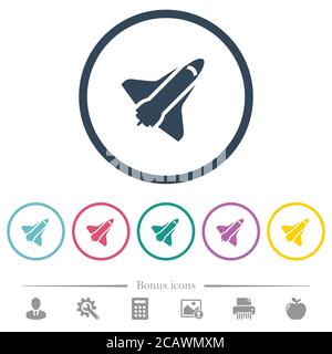 Space Shuttle flache Farbsymbole in runden Umrissen. 6 Bonus-Symbole enthalten. Stock Vektor