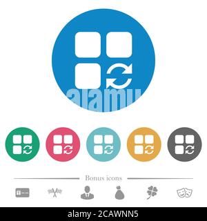 Aktualisieren Sie flache weiße Symbole der Komponente auf runden Farbhintergründen. 6 Bonus-Symbole enthalten. Stock Vektor