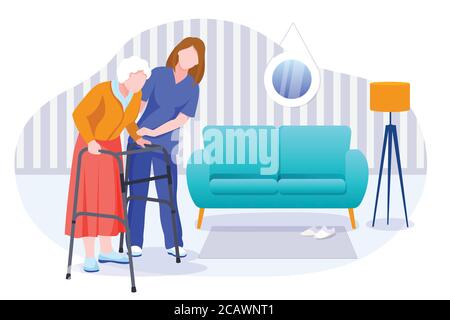 Home Care-Dienstleistungen für Senioren. Krankenschwester oder ehrenamtliche Mitarbeiterin, die sich um eine ältere Frau kümmert. Vector flache Cartoon-Figuren und Raum Interieur illustrati Stock Vektor