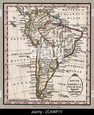 "Südamerika aus den letzten spanischen und portugiesischen Umfragen." Die Darstellung einer antiken Karte aus dem Jahr 1798 zeigt politische Grenzen und wichtige Wahrzeichen. Zeigt koloniale territoriale Ansprüche zu der Zeit., Dies ist eine wunderschön detaillierte historische Kartendarstellung. Das Original aus einem britischen Atlas, der von dem berühmten Kartographen William Faden herausgegeben wurde, entstand um 1798. Stockfoto