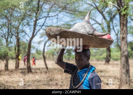 Eine Frau, die Stücke einer geschlachteten Kuh nach einem landwirtschaftlichen Ritus unter Karamojong-Menschen, Moroto District, Uganda, wegbringt Stockfoto