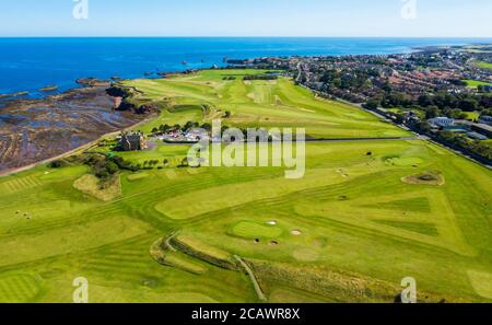 Luftaufnahme von Winterfield, Golfplatz, Dunbar, Schottland. Stockfoto