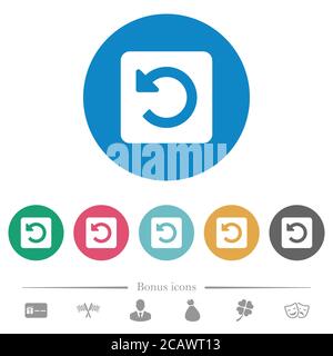 Drehen Sie flache weiße Symbole auf runden farbigen Hintergründen nach links. 6 Bonus-Symbole enthalten. Stock Vektor