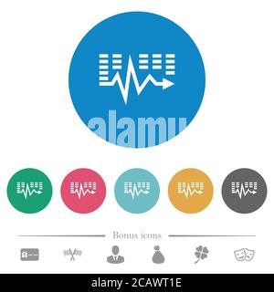 Musik Wellen flache weiße Symbole auf runden farbigen Hintergründen. 6 Bonus-Symbole enthalten. Stock Vektor