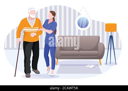 Home Care-Dienstleistungen für Senioren. Krankenschwester oder ehrenamtliche Mitarbeiterin, die sich um einen älteren behinderten Mann kümmert. Vector flache Cartoon-Figuren und Raum Interieur illust Stock Vektor