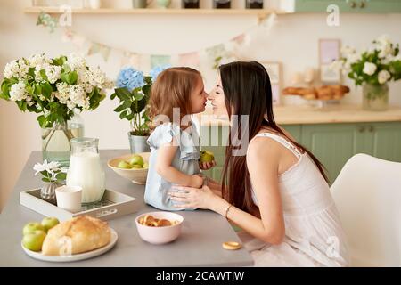 Grußkarte zum Muttertag. Familie Mutter und Baby Tochter am Morgen haben Frühstück in der Küche. Frühlingskarte für den Frauentag 8. März. Frohe Familie Stockfoto