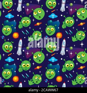 Nahtloses Muster mit dem Bild von lustigen Monstern im Raum. Alien UFO Raumschiff im Universum, Vektor-Illustration. Stock Vektor