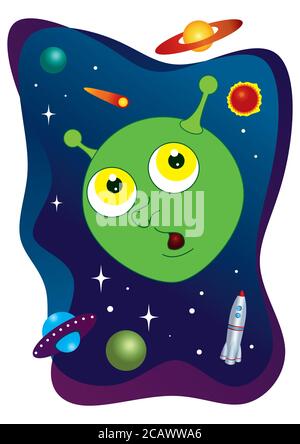 Lustige Monster im Weltraum. Alien UFO Raumschiff im Universum, Vektor-Illustration. Stock Vektor