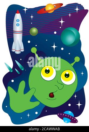Lustige Monster im Weltraum. Alien UFO Raumschiff im Universum, Vektor-Illustration. Stock Vektor