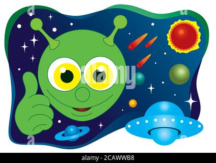 Lustige Monster im Weltraum. Alien UFO Raumschiff im Universum, Vektor-Illustration. Stock Vektor