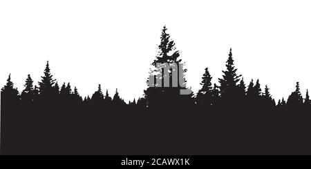 Wald Silhouette Hintergrund. Blick auf realistische Nadelbäume. Illustration einer detailreichen Silhouette des Nadelwaldes. Stock Vektor