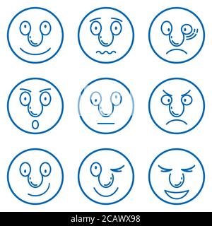 Smiley, Emoticons. Set von Emoji. Symbole für Emoticons eingestellt. Für Print, Icon, Logo, Poster, Symbol, Design, Dekor, Textil, Papier, Karte, Einladung Stock Vektor