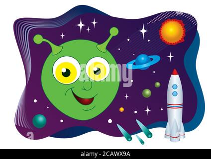 Lustige Monster im Weltraum. Alien UFO Raumschiff im Universum, Vektor-Illustration. Stock Vektor