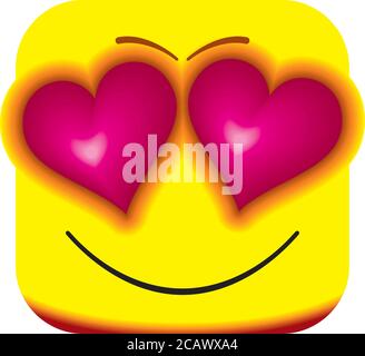 Happy gelb liebende Emoticon Gesicht mit Augen in Form von Herzen. Cartoon Square Emoticon. Cartoon Gesichter für Ihr niedliches Design. Stock Vektor